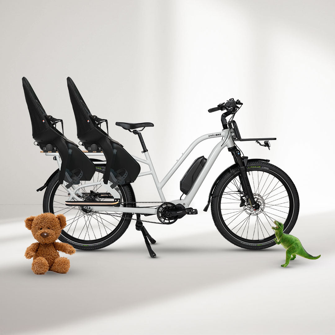 Cargo E-Bike mit Shimano STEPS E5000 Mittelmotor und Kindersitzen.