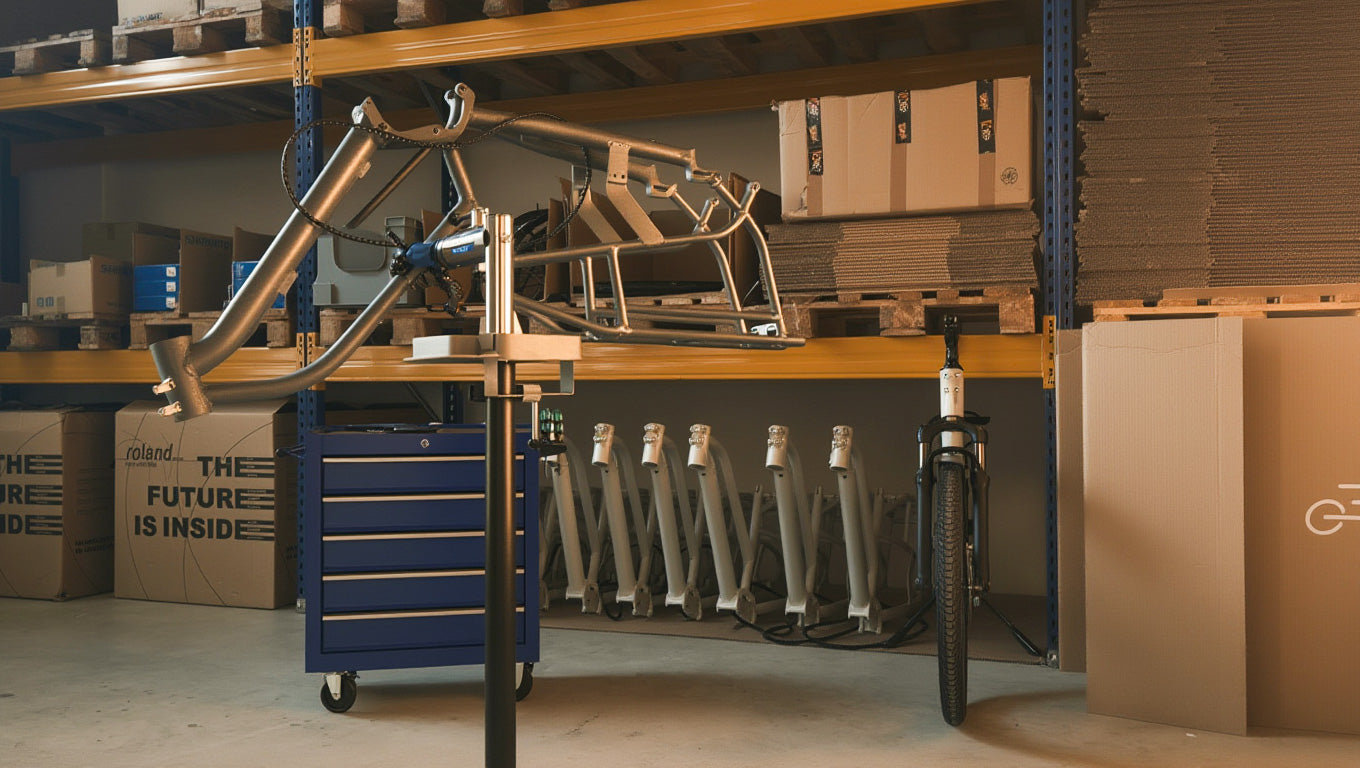 E-Lastenrad-Rahmen des Modells Simply.Lift EP6 auf einem Montageständer in der Produktionshalle mit weiteren Rahmen im Lagerregal.