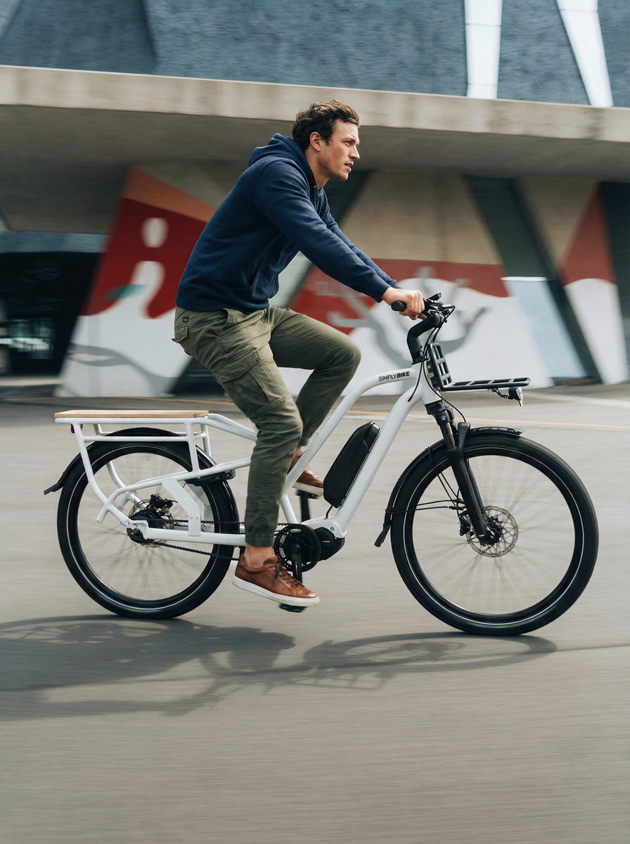 Ein Mann fährt ein Simply.Lift EP6 Longtail E-Lastenrad mit Frontgepäckträger und langer Ladefläche vor moderner Stadtarchitektur.