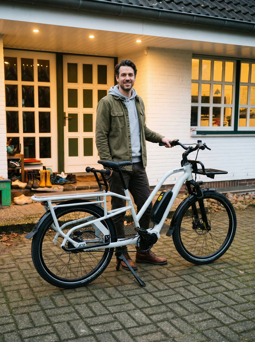 Ein Mann steht vor einem Wohnhaus neben einem Simply.Lift EP6 Longtail E-Lastenrad mit montiertem Kinder-Handlauf und Frontgepäckträger auf einer gepflasterten Einfahrt.