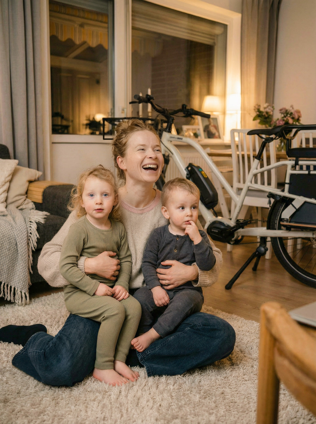 Lachende Mutter sitzt mit zwei kleinen Kindern im Wohnzimmer, während im Hintergrund ein Simply.Lift EP6 Longtail E-Lastenrad geparkt ist.