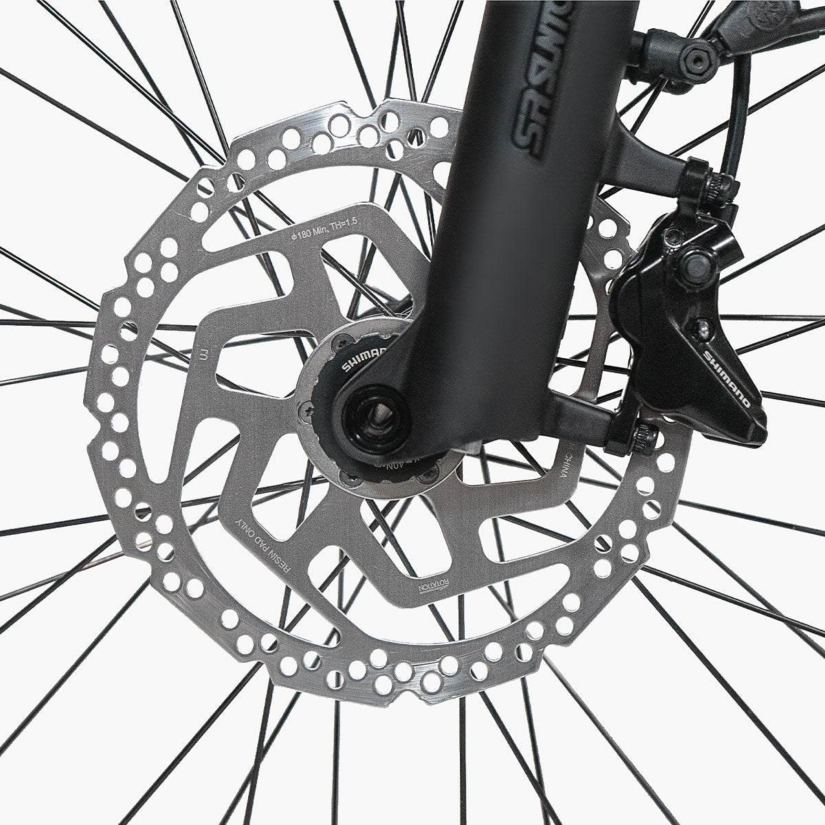 Shimano 4-Kolben Scheibenbremse MT420 mit 180 mm Bremsscheibe.