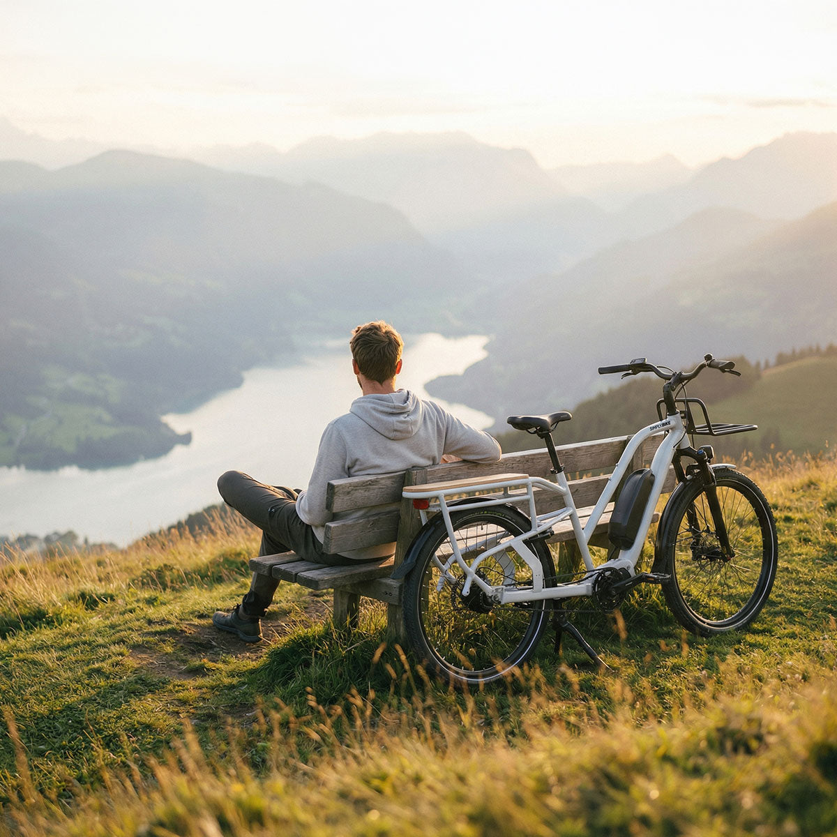 Mann sitzt auf einer Bank neben einem Simply.Lift EP6 Longtail E-Lastenrad mit Frontgepäckträger und blickt auf eine weite Gebirgslandschaft mit See.