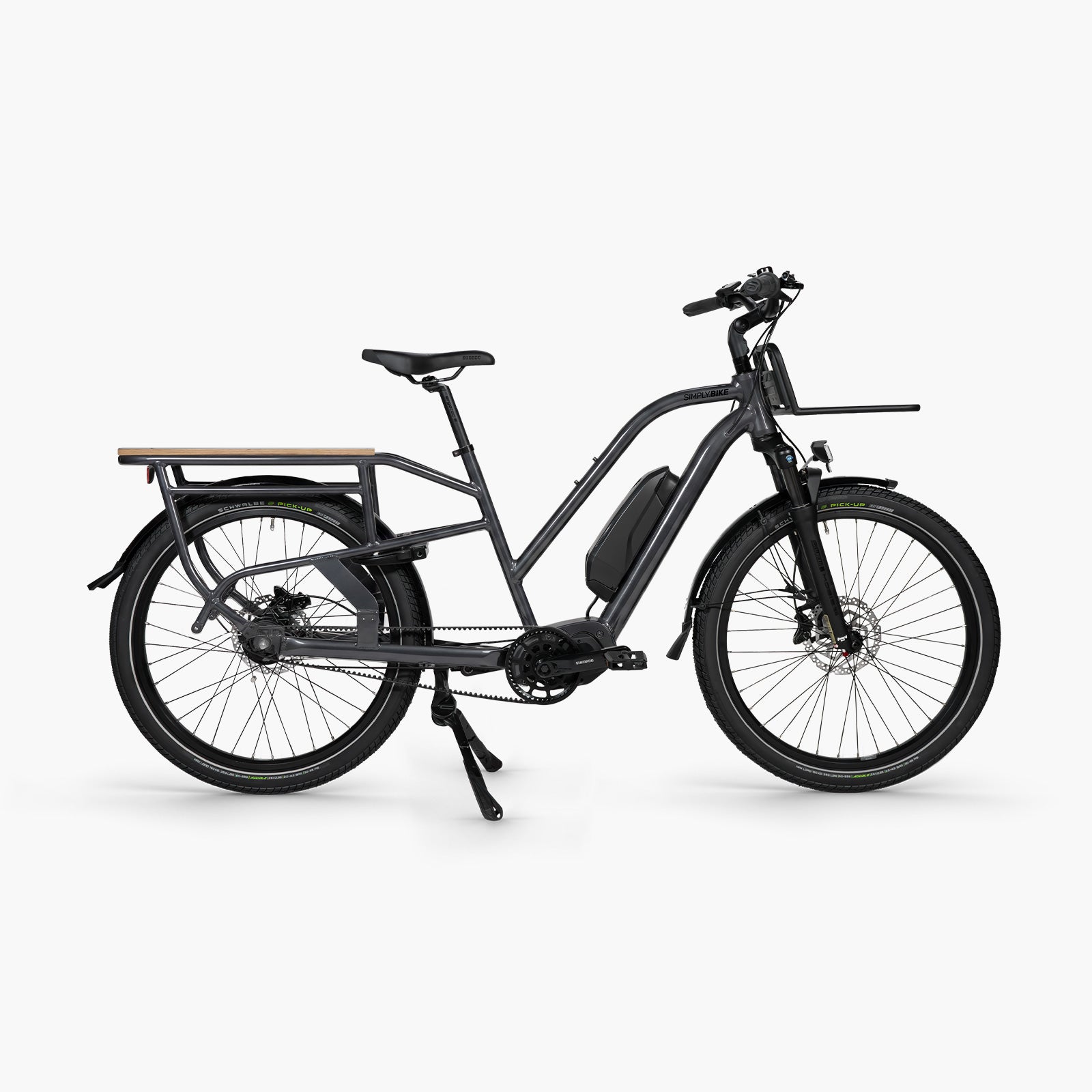 Simply.Lift EP6 Longtail E-Lastenrad in Anthrazit, Seitenansicht mit Heckträger und Holzdeck