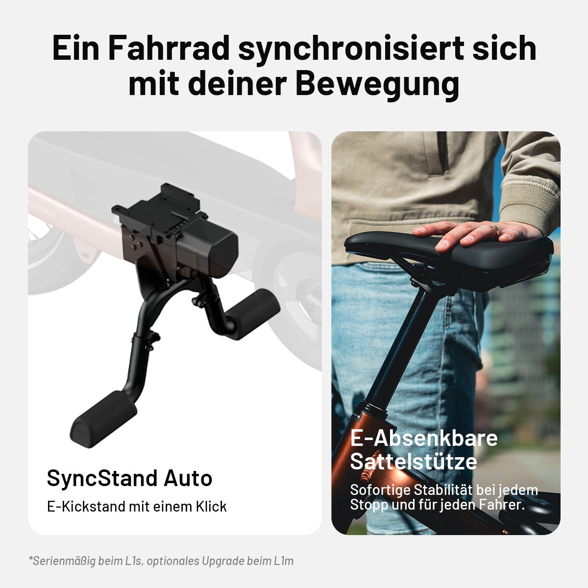 SyncStand Auto E-Ständer und elektrische Teleskopsattelstütze des Tarran L1, optionale Upgrades beim L1m