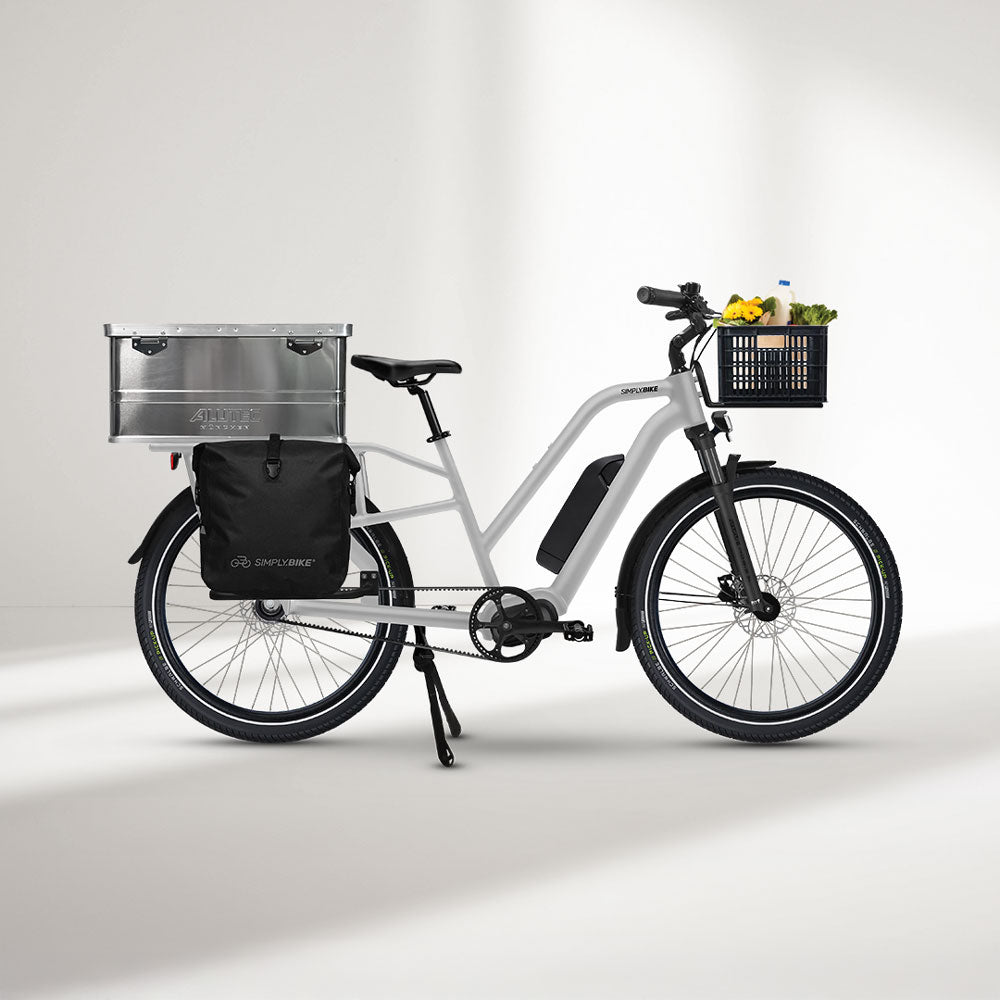 Cargo E-Bike mit Shimano STEPS E5000 Mittelmotor und Transportbox.