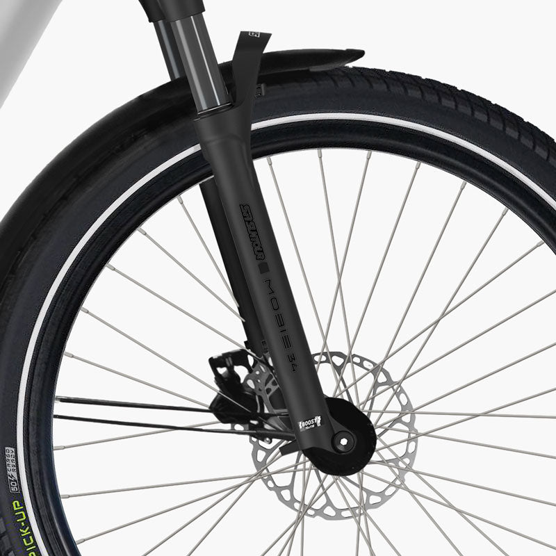 Cargo E-Bike mit einer Suntour Federgabel.