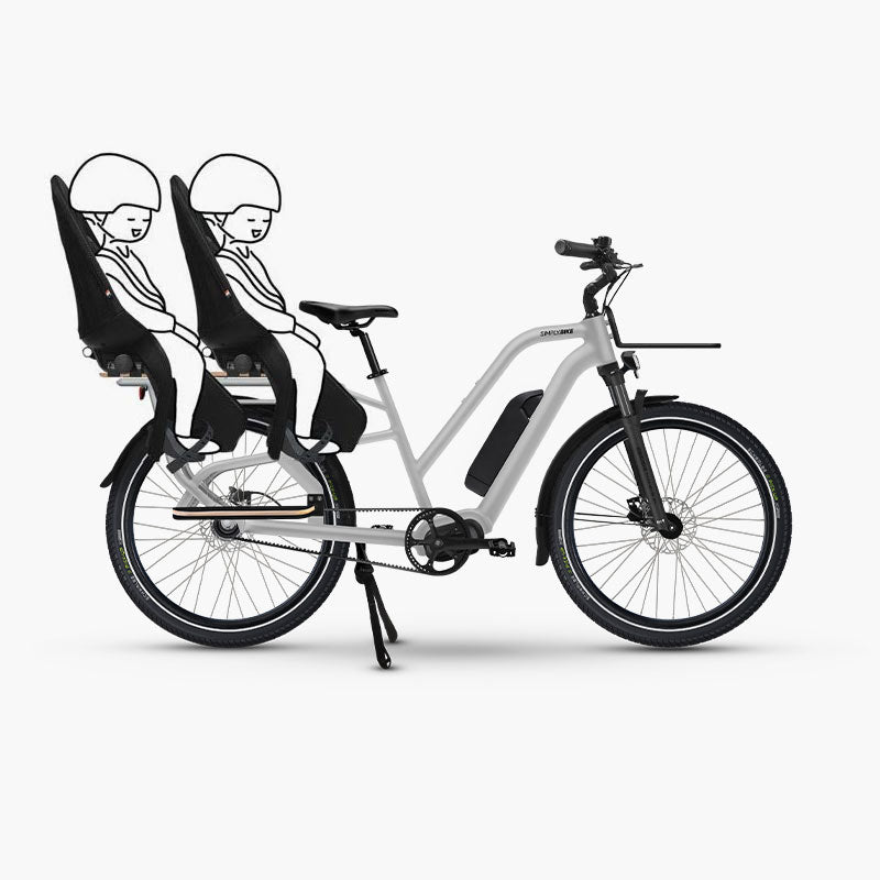 Longtail E-Lastenrad mit Qibbel Air Fahrrad Kindersitzen.