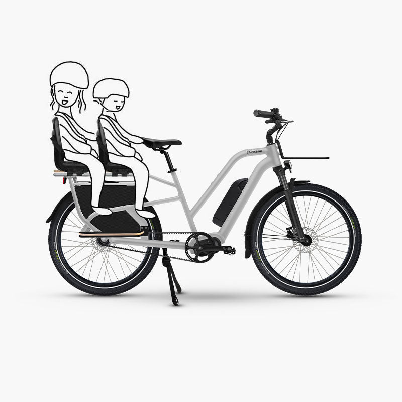 Longtail E-Lastenrad mit Qibbel Junior Fahrrad Kindersitz.