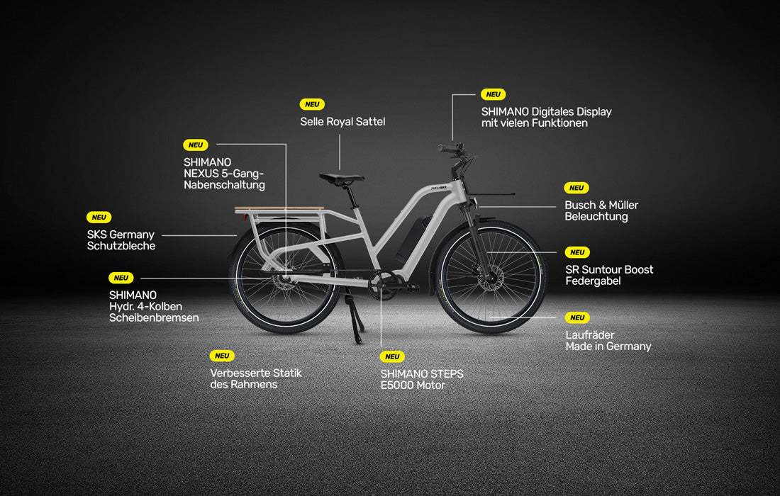 hochwertiges Cargo E-Bike und familienfreundliches Lastenrad mit SHIMANO Mittelmotor.