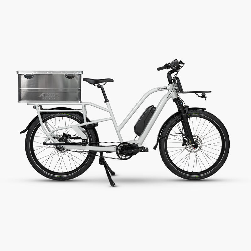 Alutec Transportbox aus Aluminium mit Deckel für Cargo E-Bikes.