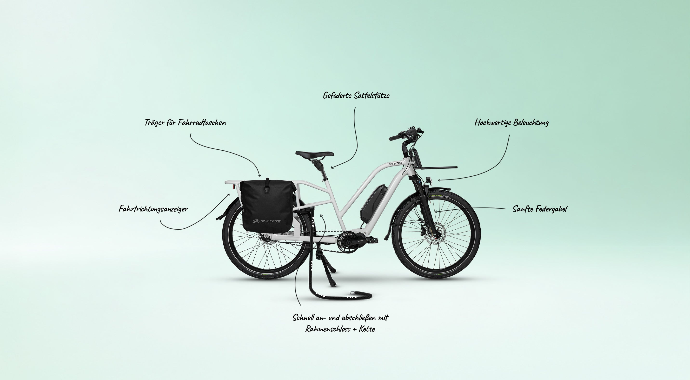 Simply.Lift EP6 Longtail E-Lastenrad mit Shimano Motor, Fahrradtaschen und Rahmenschloss.
