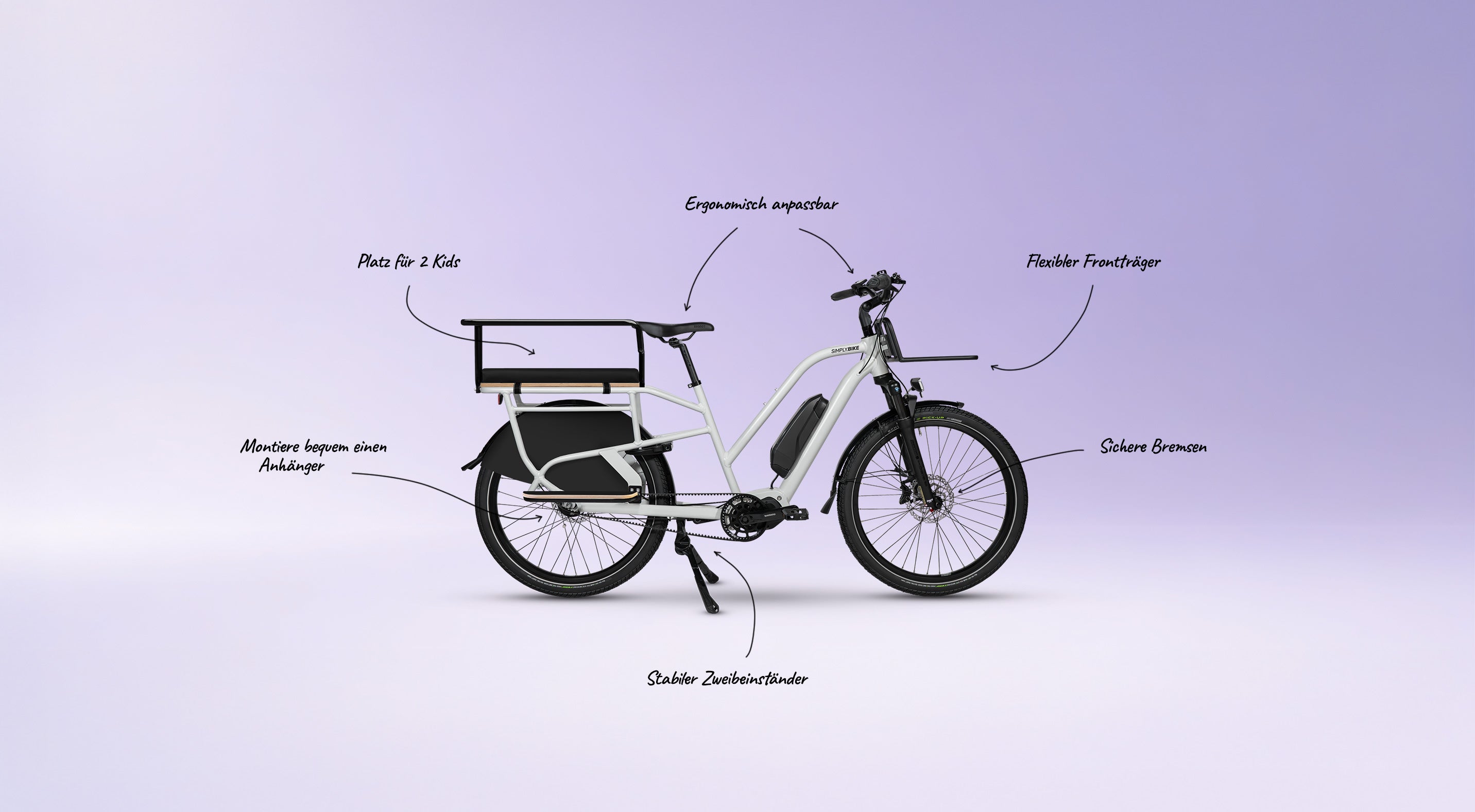 Simply.Lift EP6 Longtail E-Lastenrad mit Shimano Motor und Kinderhandlauf für sicheren Kindertransport.