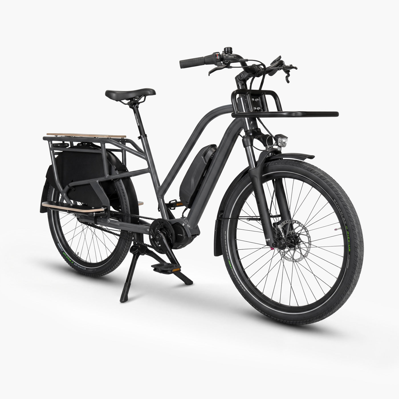 Simply.Lift EP6 Longtail E-Lastenrad in Anthrazit, Frontansicht mit Frontgepäckträger 
