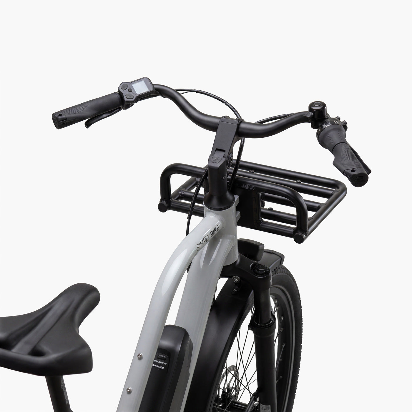 Simply.Lift EP6 in Lichtgrau mit Shimano Display, Frontgepäckträger und Klingel