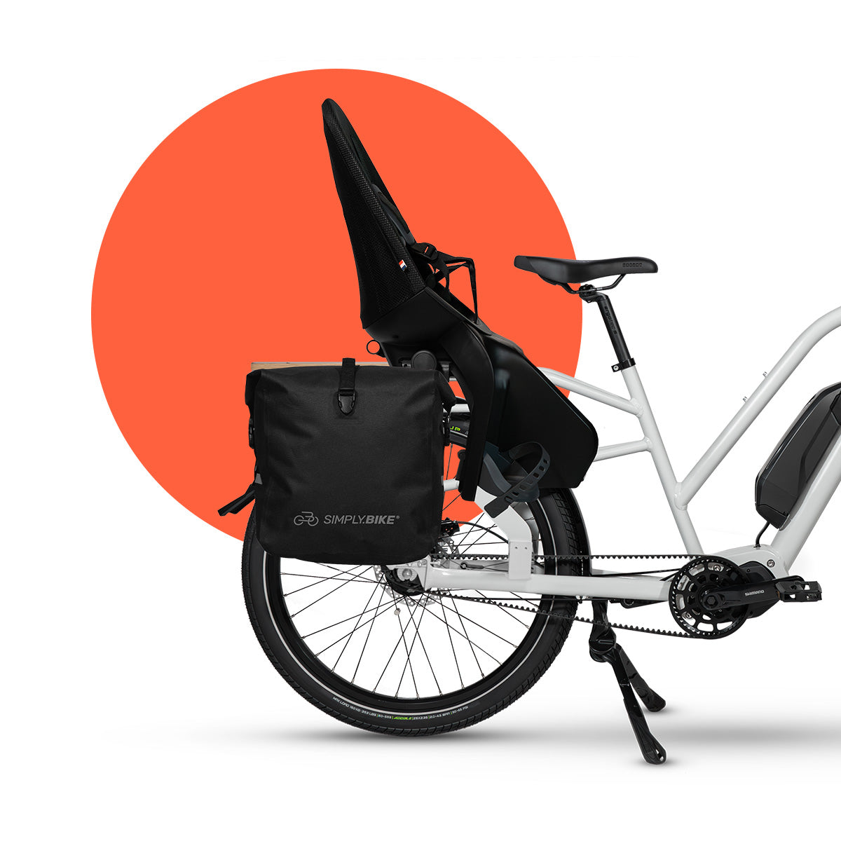 Simply.Lift Steps Cargobike für Familie mit Kindersitz und Fahrradtasche.