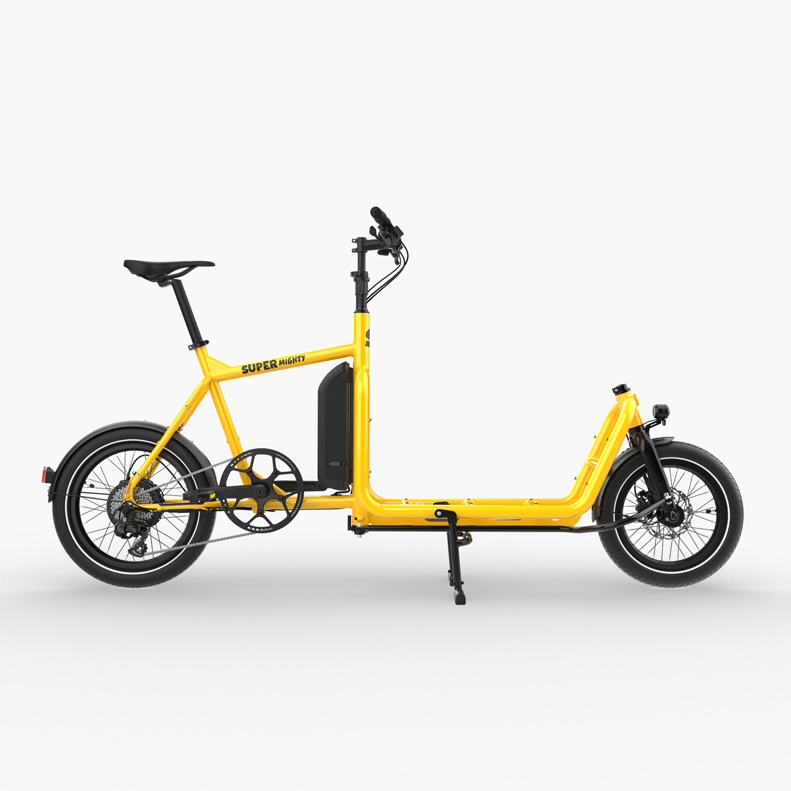 Super Mighty kompaktes E-Lastenrad in Gelb Metallic, Seitenansicht