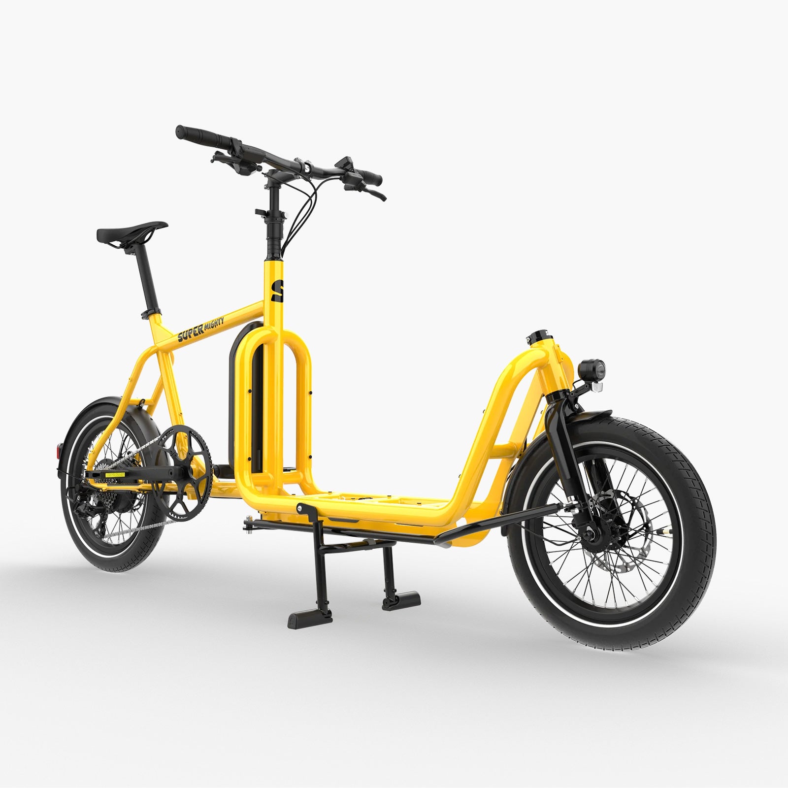 Super Mighty kompaktes E-Lastenrad in Gelb Metallic, Dreiviertelansicht