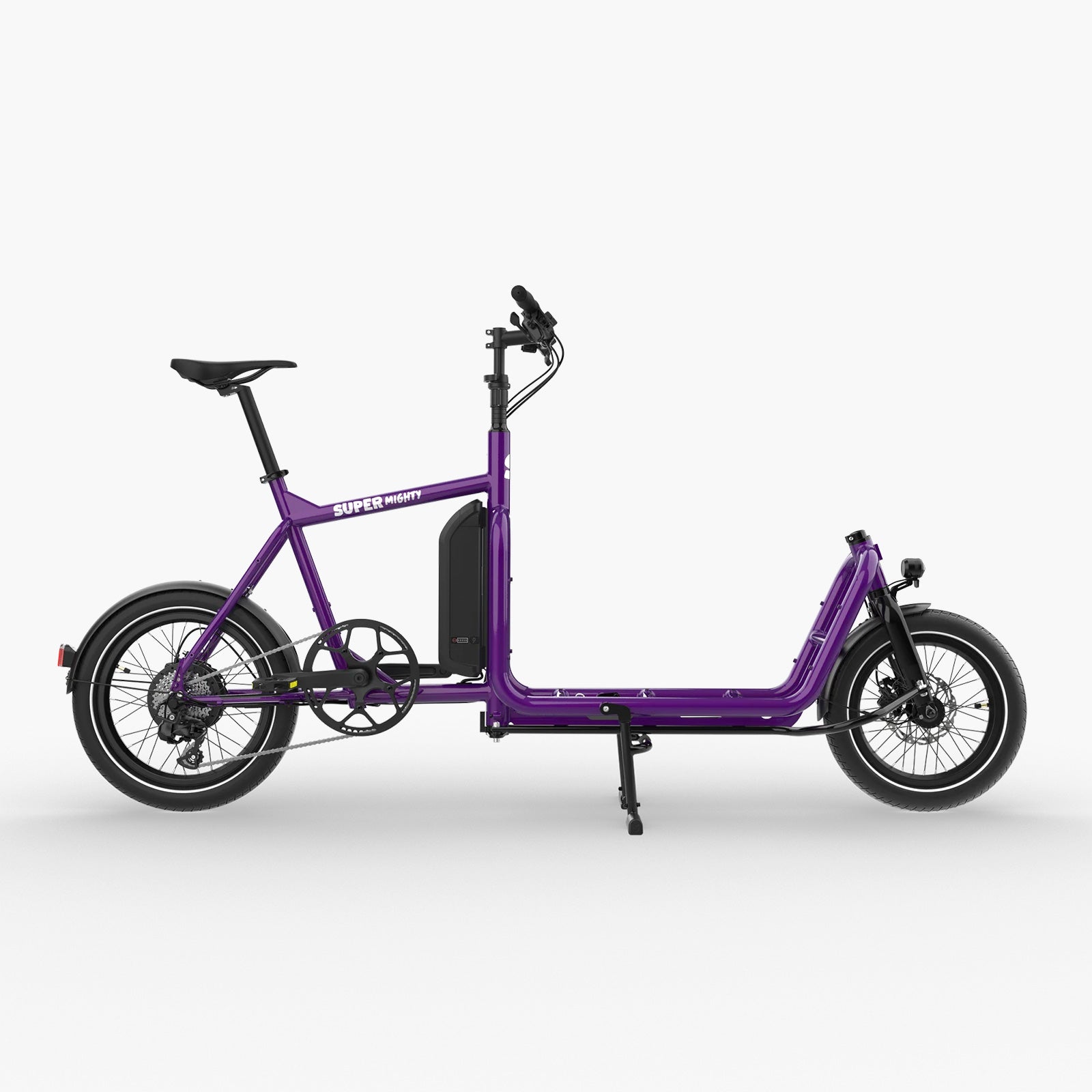Super Mighty kompaktes E-Lastenrad in Lila Metallic, Seitenansicht