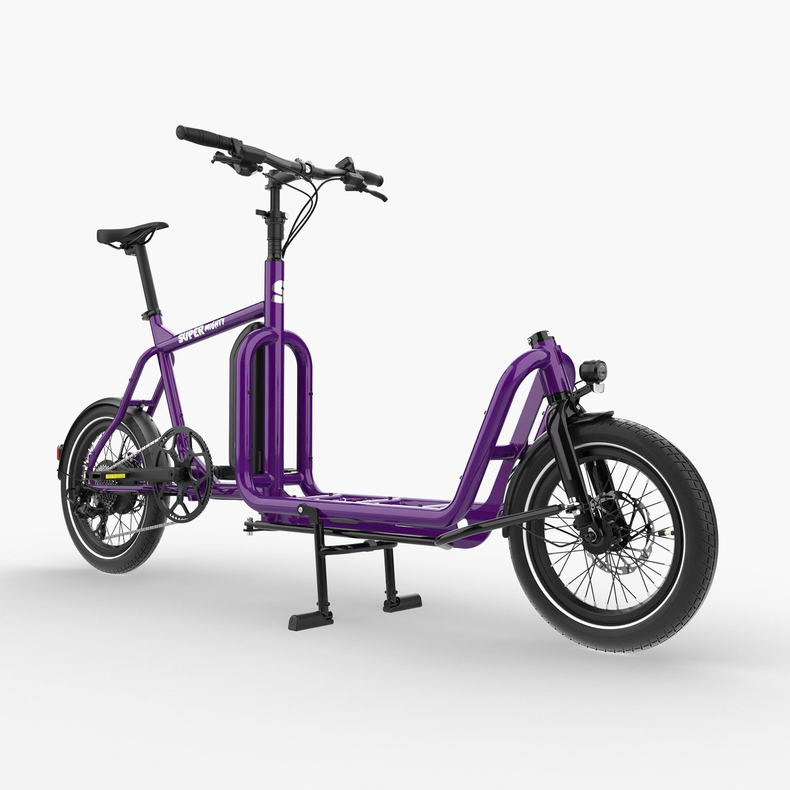 Super Mighty kompaktes E-Lastenrad in Lila Metallic, Dreiviertelansicht