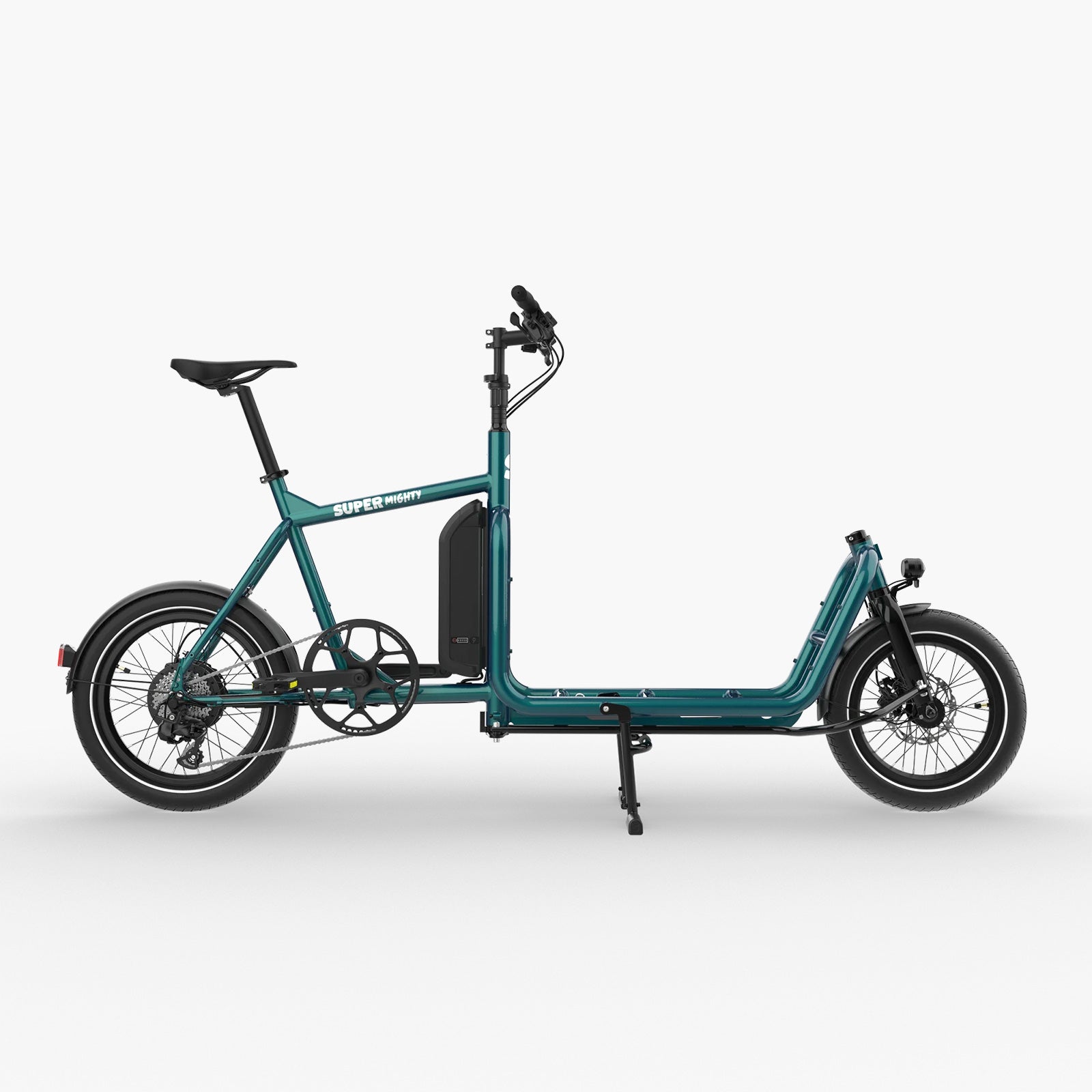 Super Mighty kompaktes E-Lastenrad in Petrol Metallic, Seitenansicht