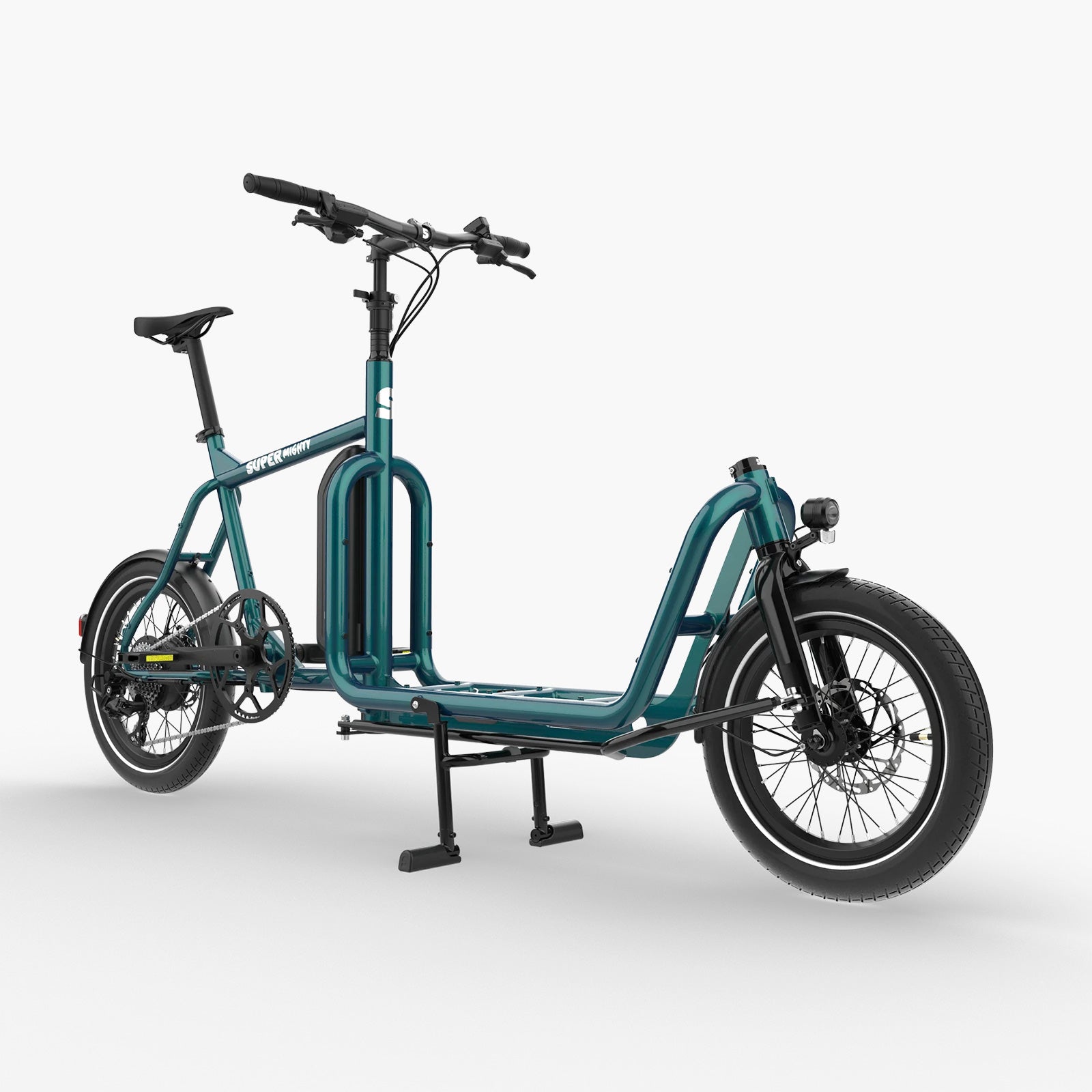 Super Mighty kompaktes E-Lastenrad in Petrol Metallic, Dreiviertelansicht