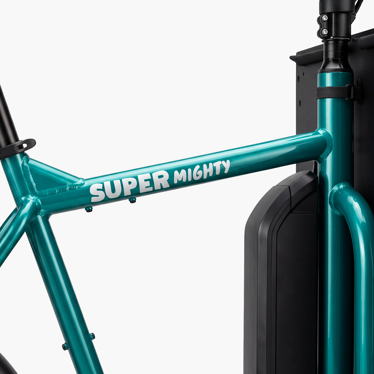 Super Mighty kompaktes E-Lastenrad in Petrol Metallic, Close Up