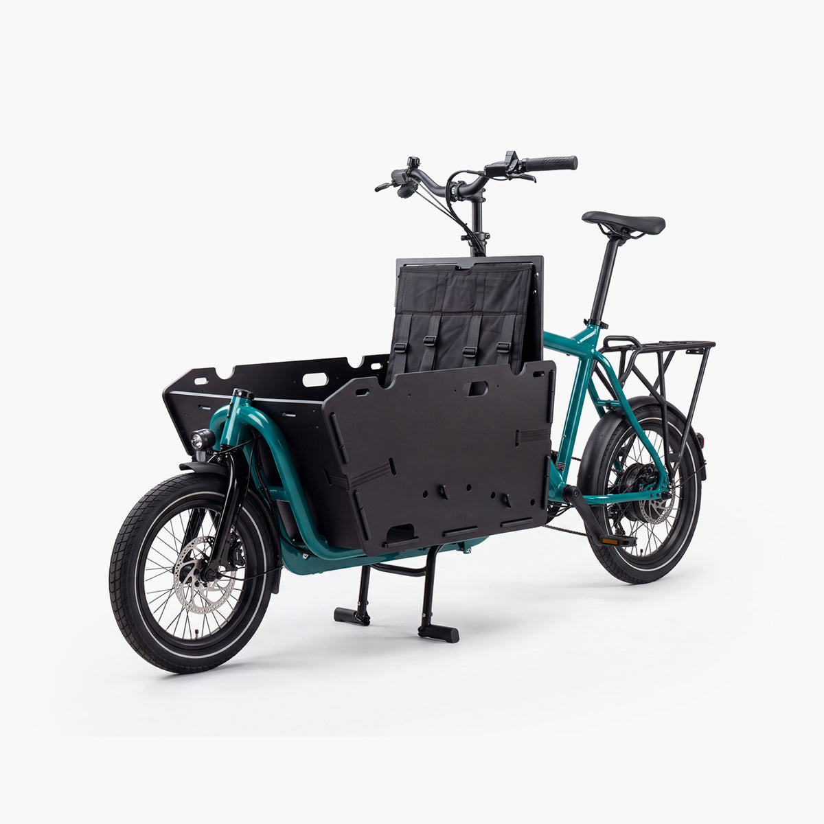 Super Mighty kompaktes E-Lastenrad in Petrol Metallic mit Kinder Transportbox