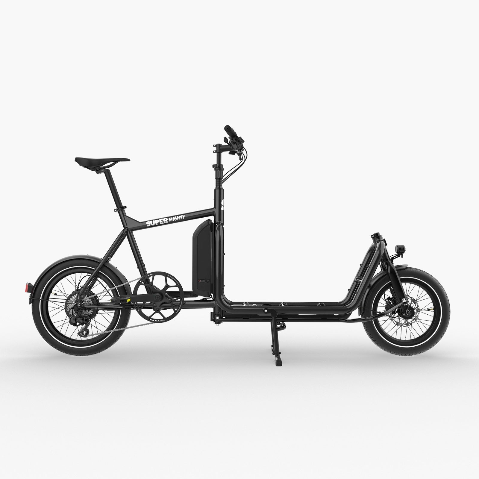 Super Mighty kompaktes E-Lastenrad in Schwarz Metallic, Seitenansicht