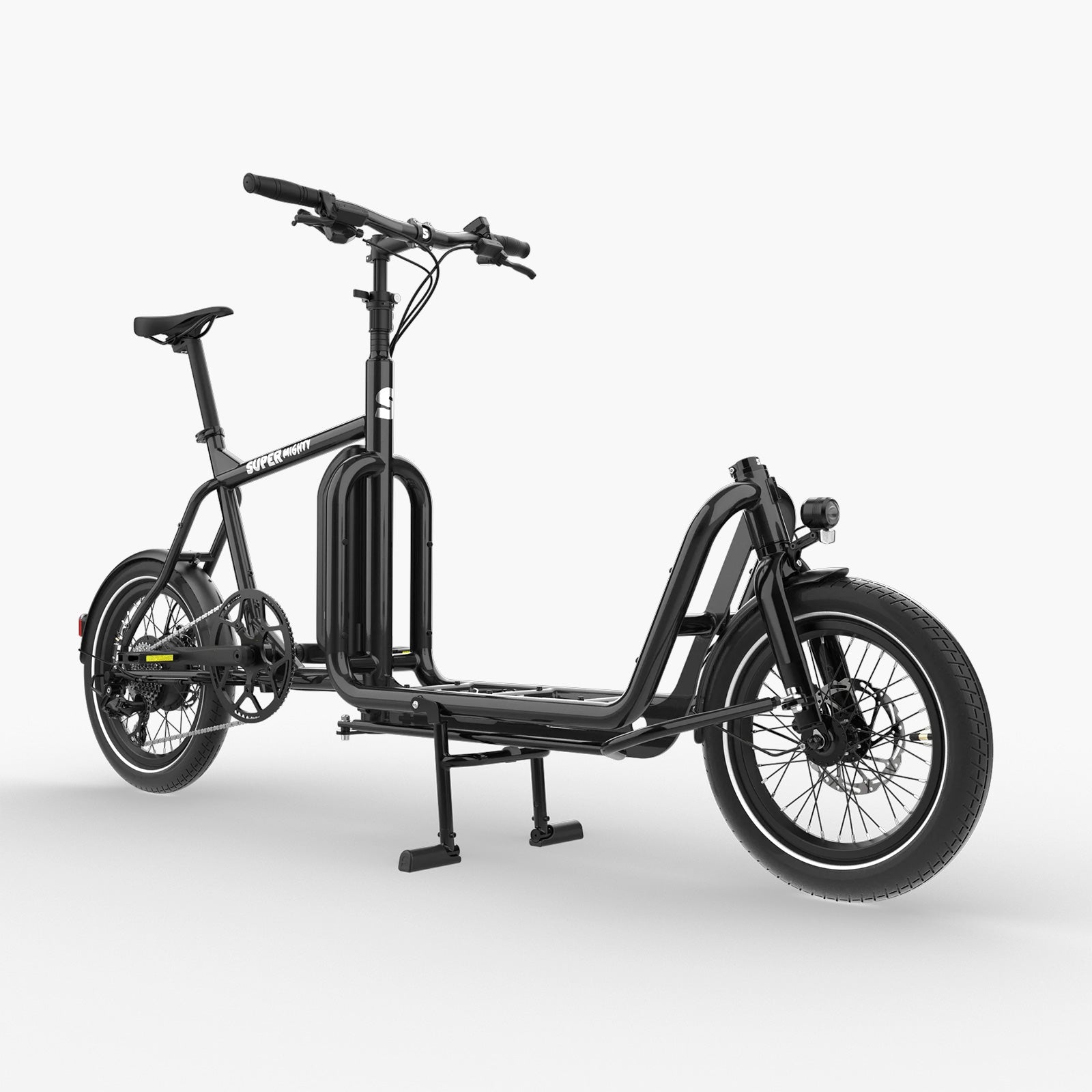 Super Mighty kompaktes E-Lastenrad in Schwarz Metallic, Dreiviertelansicht