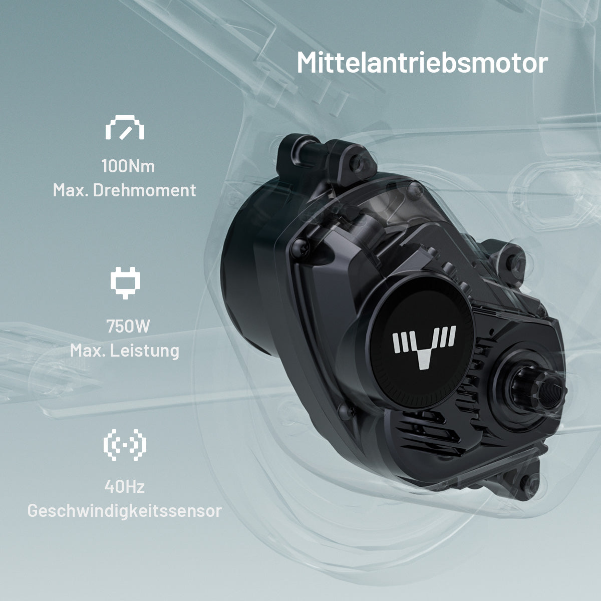 Mittelmotor des Tarran L1m mit 100 Nm Drehmoment und 750 W Spitzenleistung, technische Detailgrafik