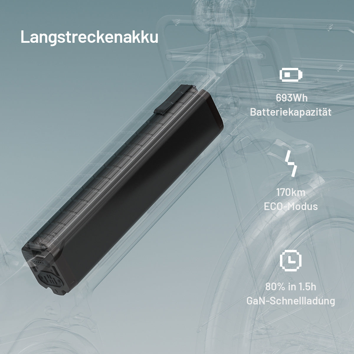 Herausnehmbarer 693-Wh-Langstreckenakku des Tarran L1m mit bis zu 170 km Reichweite im Eco-Modus