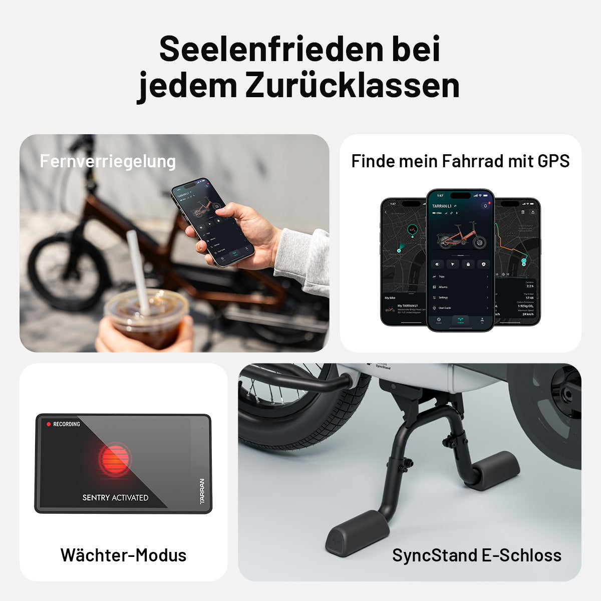 Diebstahlschutz des Tarran L1m mit Fernverriegelung, GPS-Ortung, Wächter-Modus und SyncStand E-Schloss in der TARRAN App