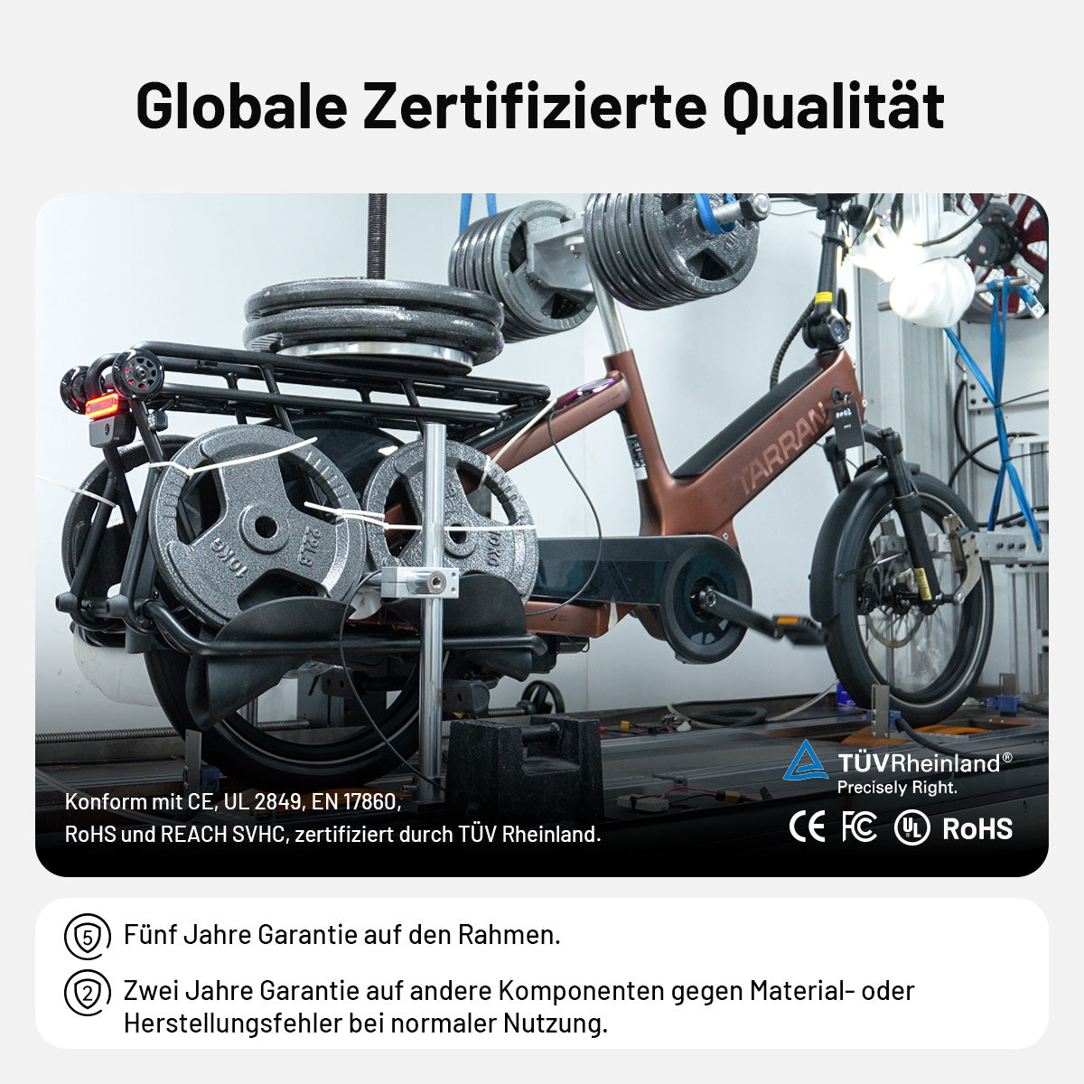 Belastungstest des Tarran L1 bei TÜV Rheinland, zertifiziert nach CE, UL 2849 und EN 17860, mit fünf Jahren Rahmengarantie