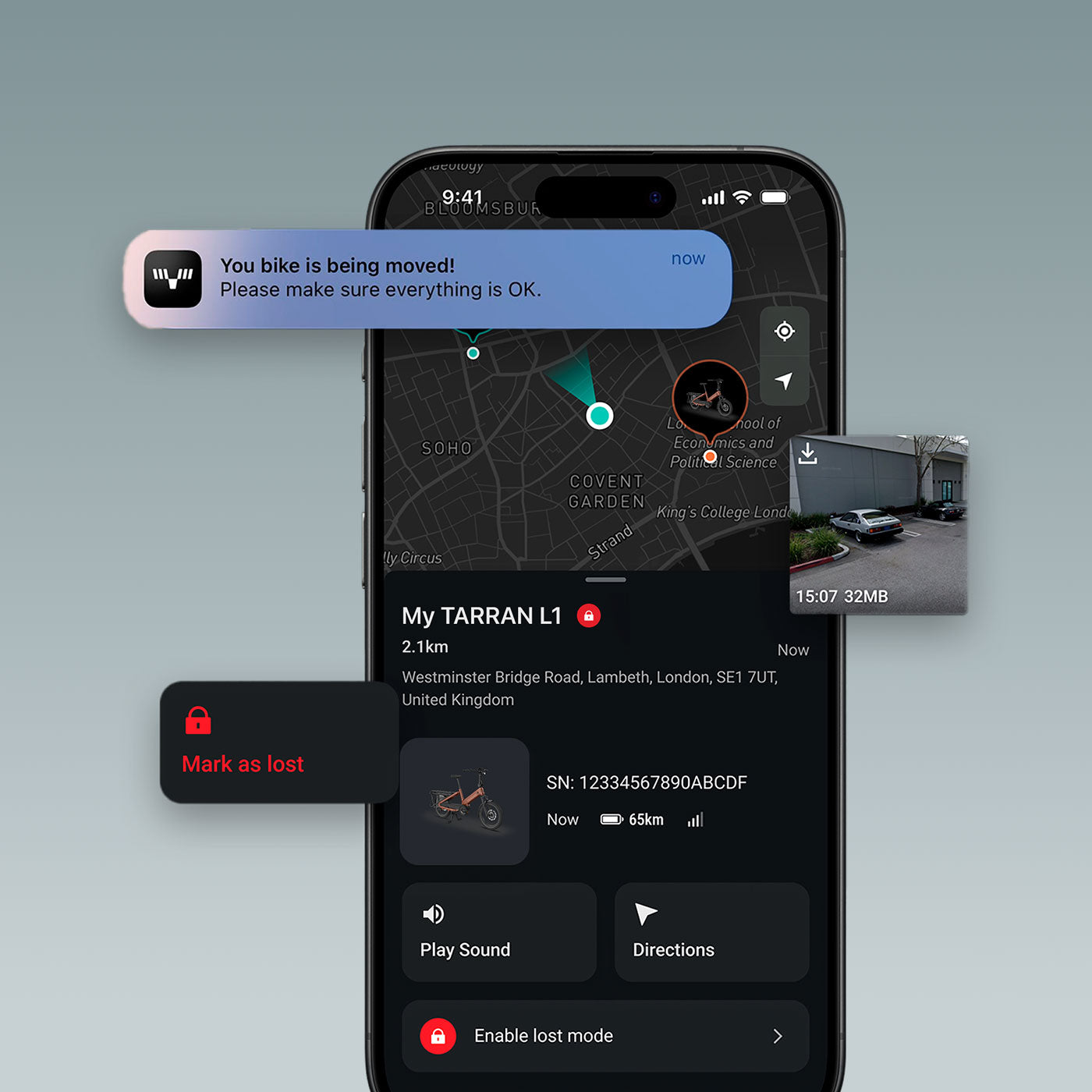 Diebstahlschutz des Tarran L1m in der TARRAN App mit GPS-Ortung, Bewegungsmeldung und Lost-Modus